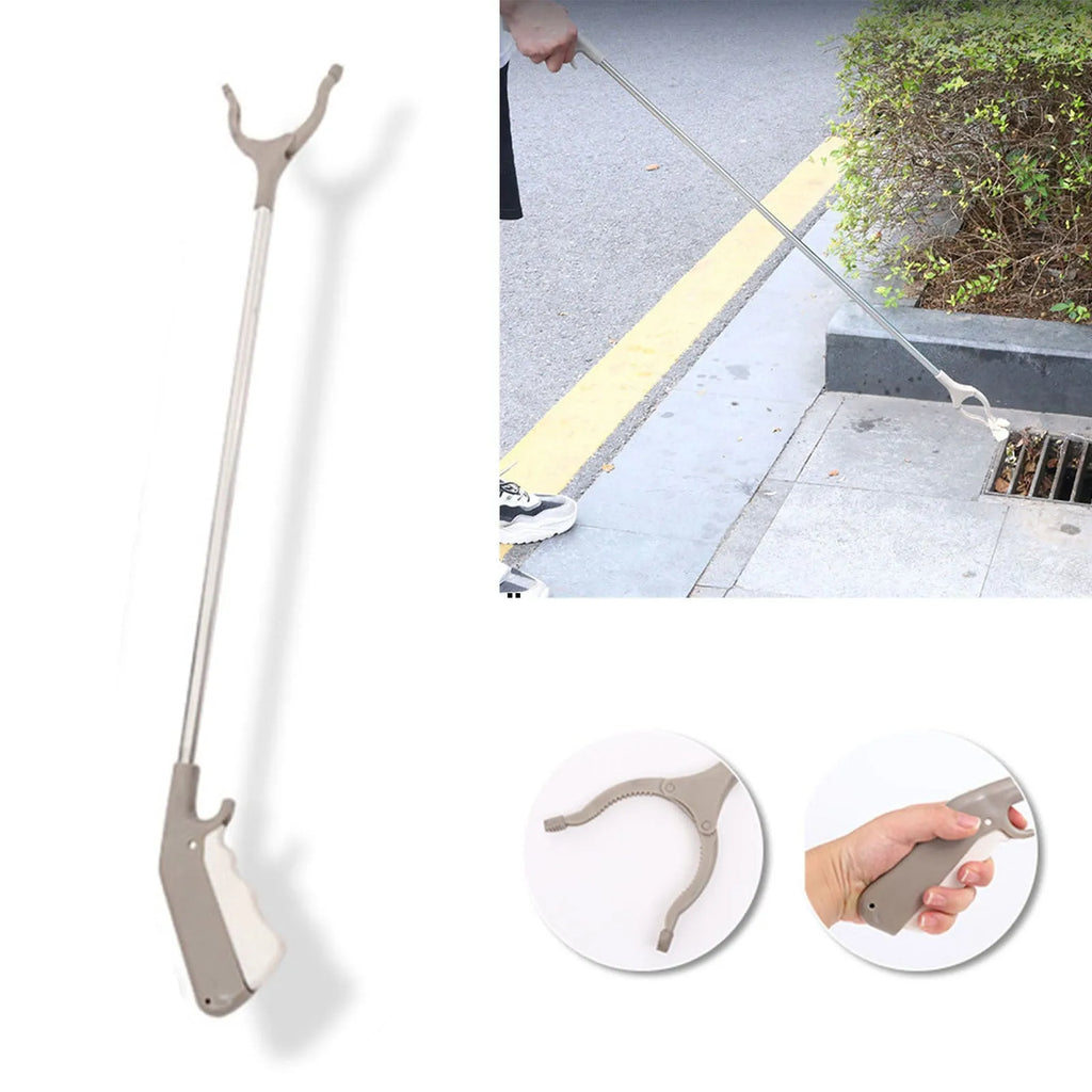 Stainless steel long-handled grabber tool with push-type handle for one-handed operation