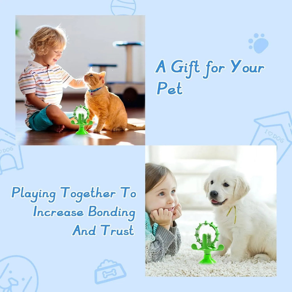 Interactive rotating pet slow feeder toy with sucker base in blue, green, red or yellow colour