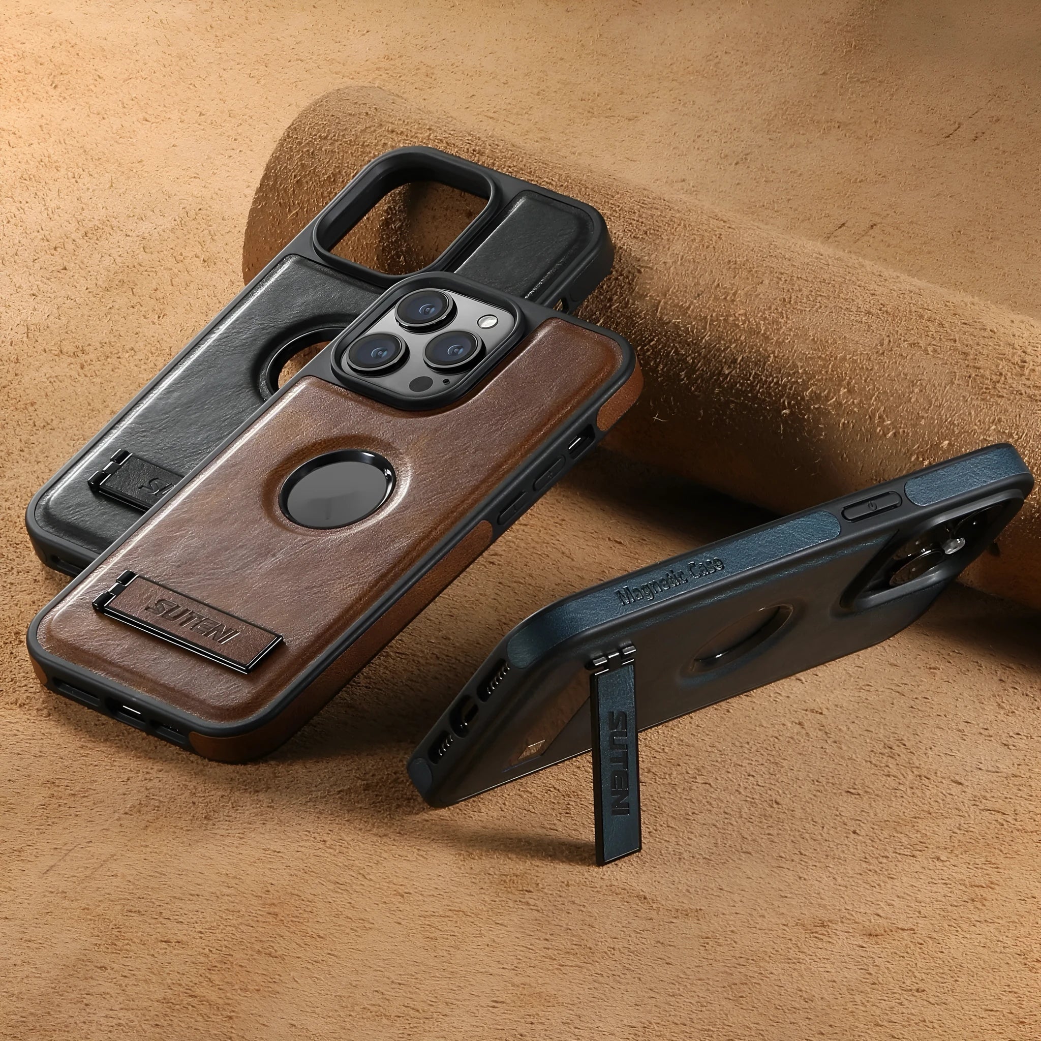 Handmade PU TPU magnetic phone case with stand for Apple iPhone in oil wax brown finish