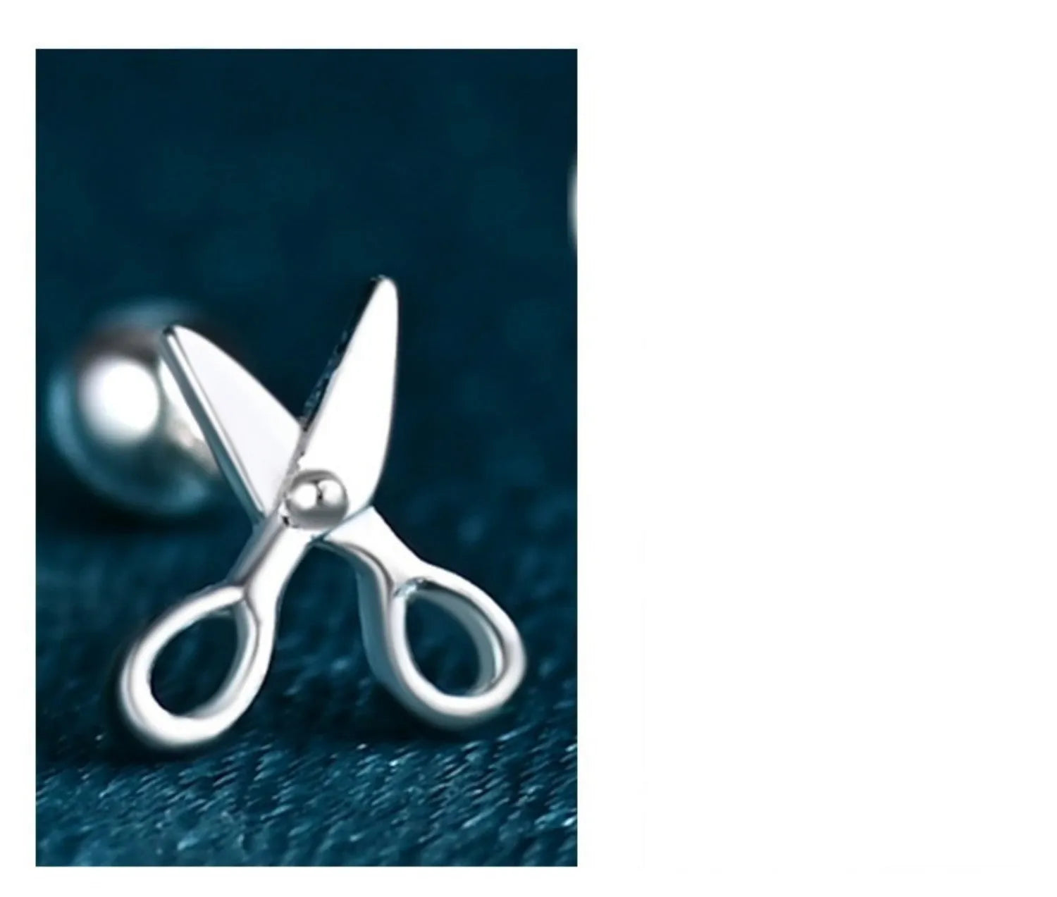 Sterling silver ear nail earrings with screw closure and miniature scissors charm.
