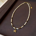 Titanium steel starfish pendant necklace with natural shell and tigereye beads on a Maillard style chain