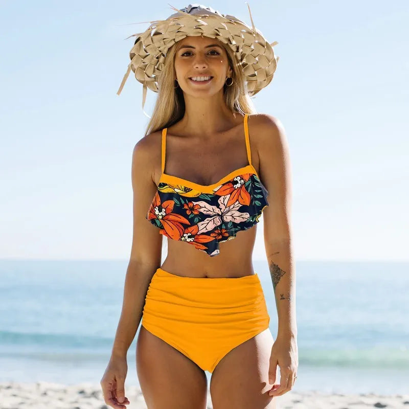 Green high-waist floral bikini swimsuit with pleated pants for women.