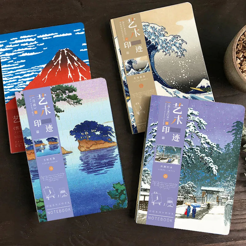 Ukiyo-e Kanagawa surfing scene hand ledger notebook showing retro style and dimensions