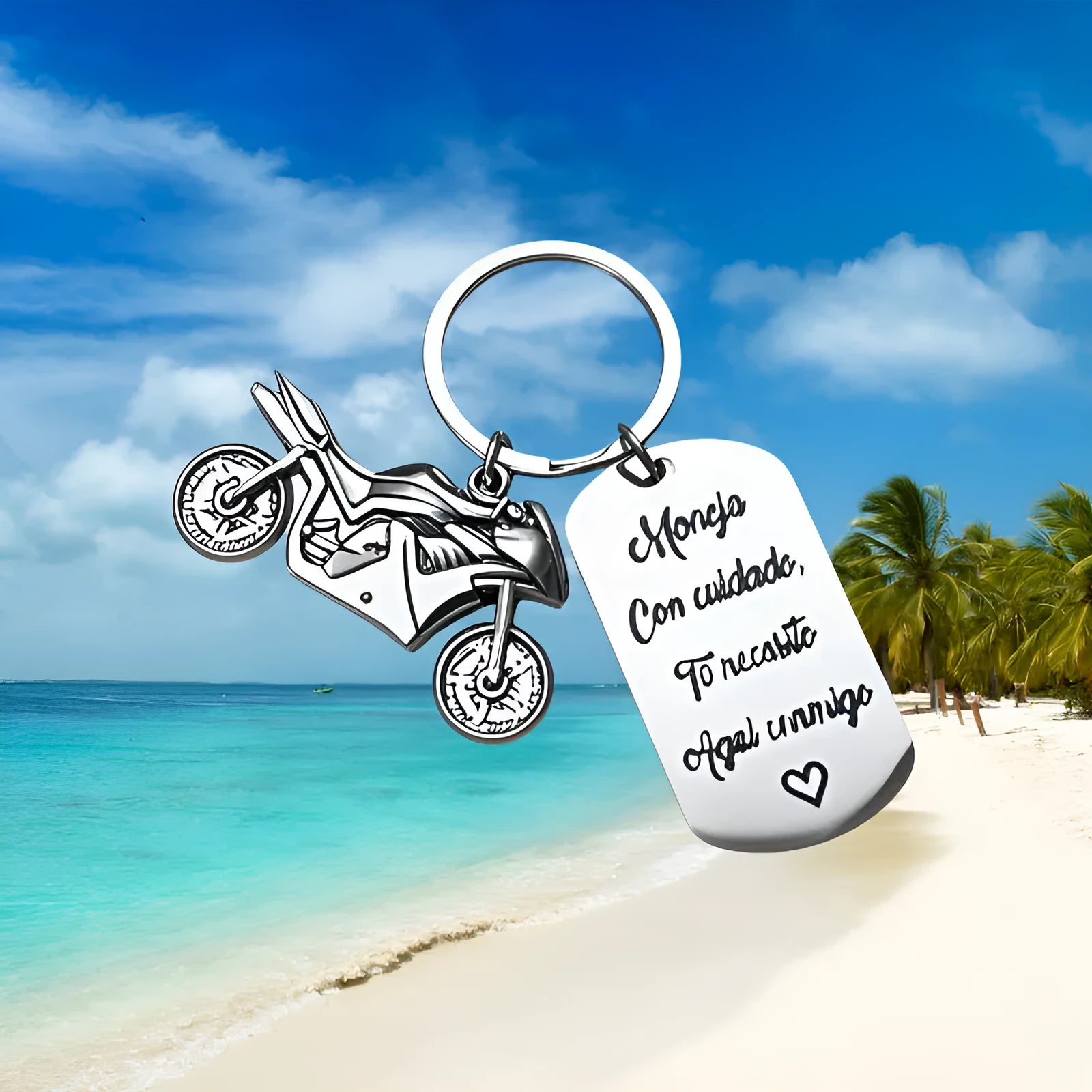Stainless steel motorcycle keychain with inspirational design and a flannel bag