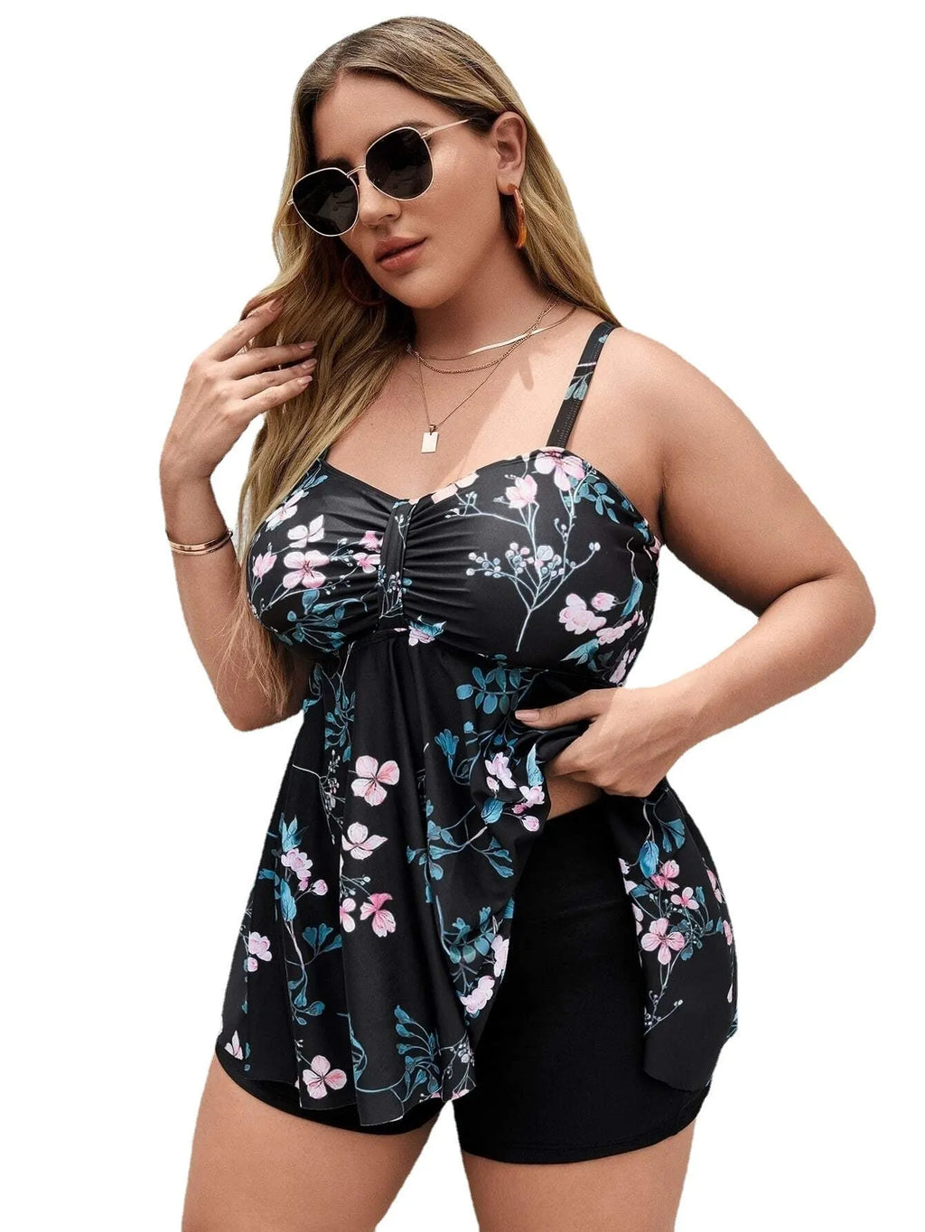 Women's split colour floral print one-piece swimsuit with high elasticity polyester fabric