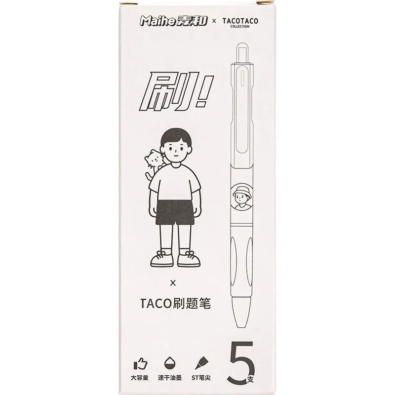 Five white and black Taco series 0.5mm press-action ballpoint pens laid side by side.