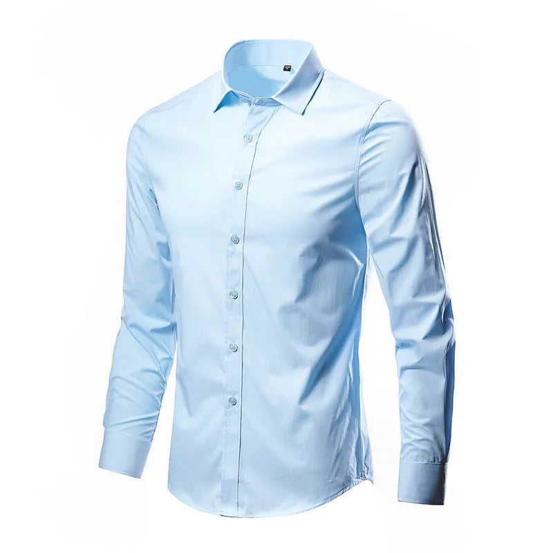 Man wearing a slim-fit long-sleeve linen shirt in a loose style, available in multiple colours.