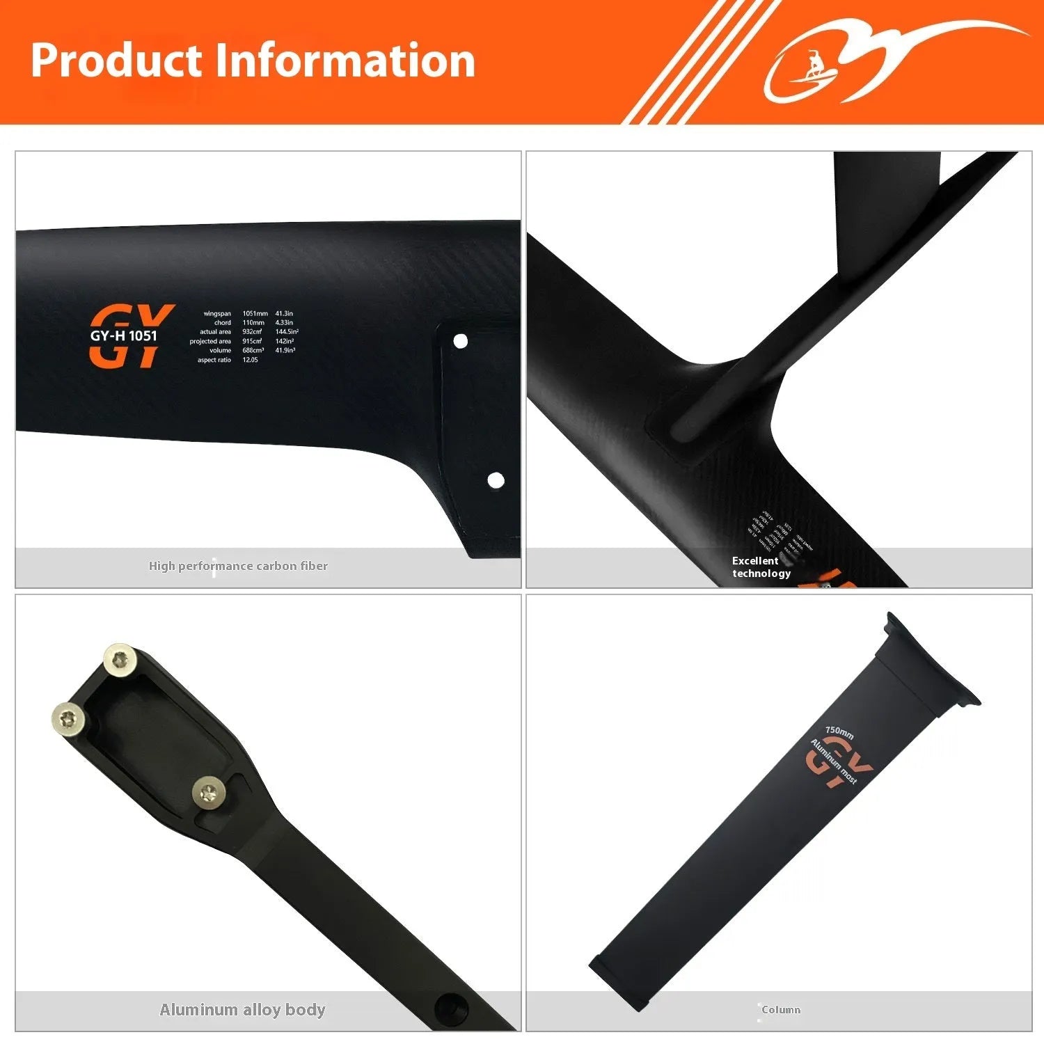 Black carbon fibre racing hydrofoil board with aluminium alloy construction and 1051mm front wing