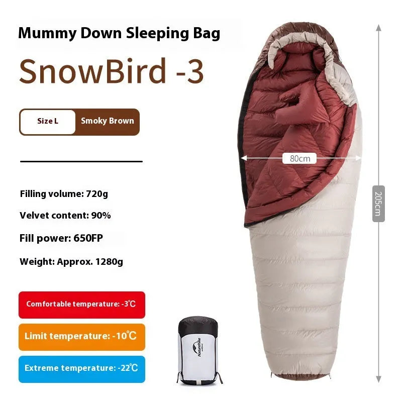 Mummy-style goose down sleeping bag for adults in a storage bag, showing size label options.