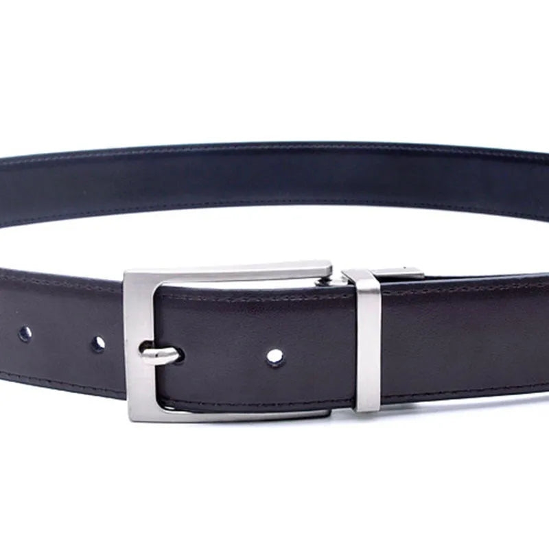 Men's brown and black genuine cowhide leather belt with rotating alloy pin buckle showing length measurement