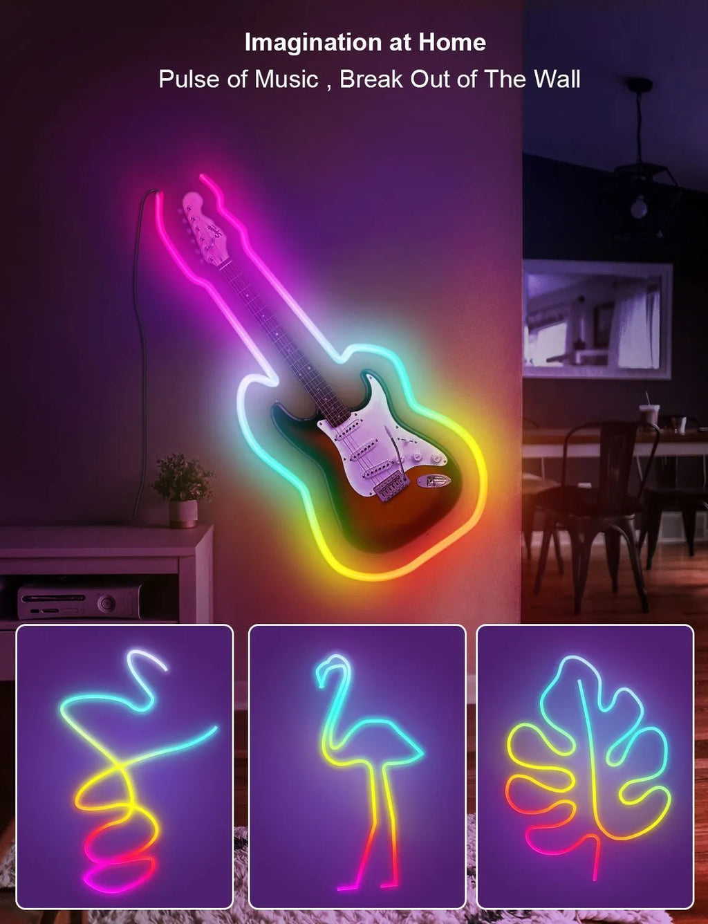 3 metre long RGB neon LED strip lights with remote control and USB power cable
