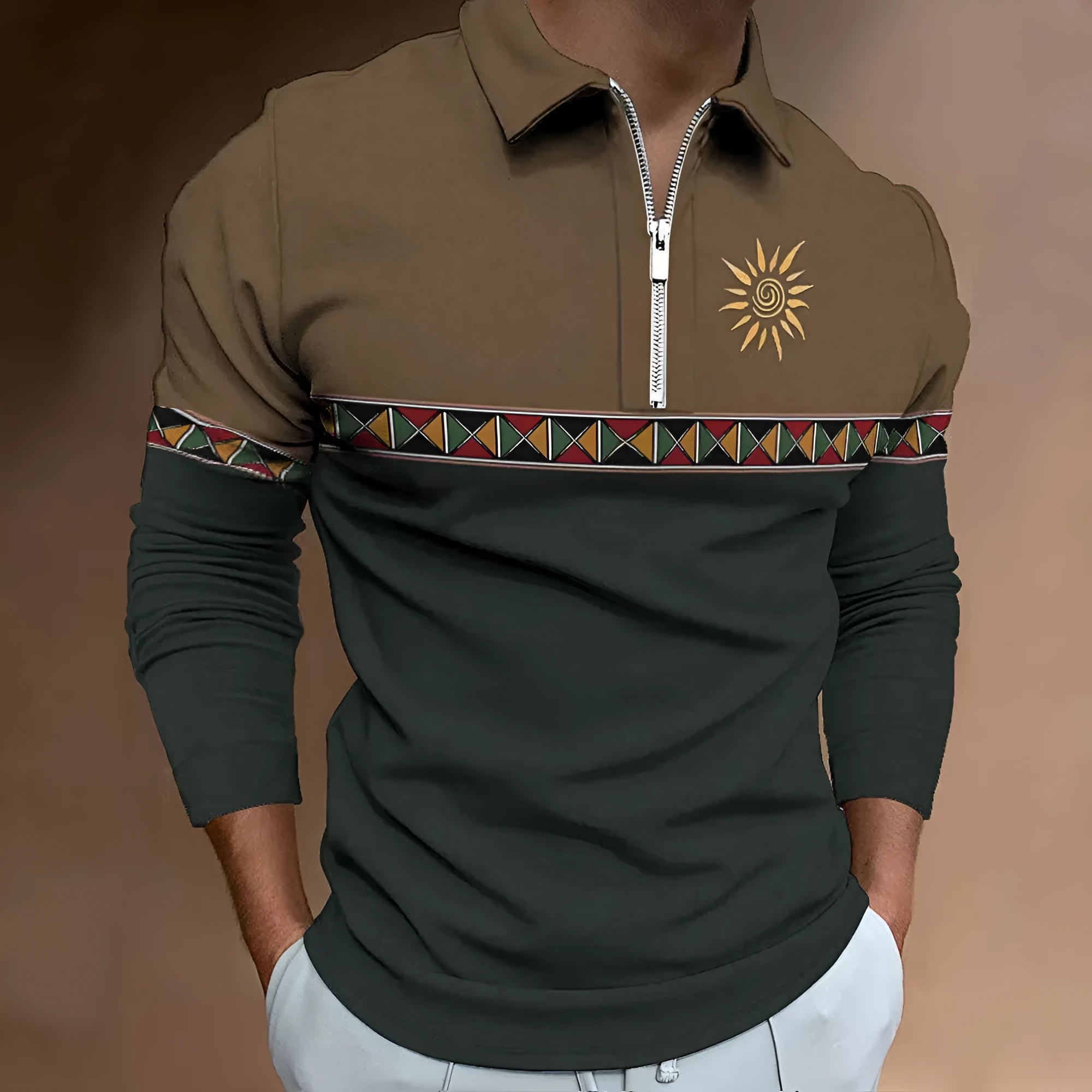Men's retro colour stripe print golf top with zipper decorations, loose fit long sleeve polyester T-shirt