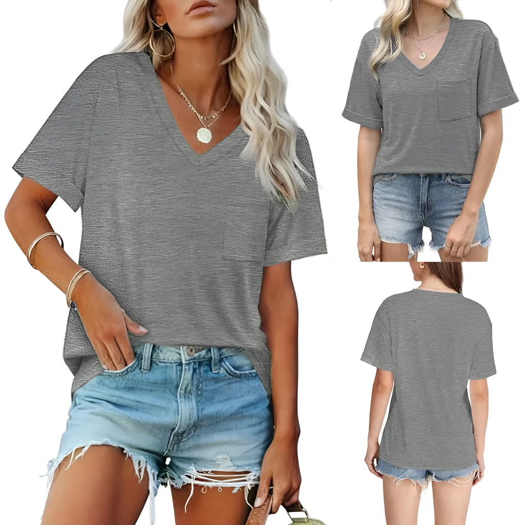 Grey loose fit V-neck t-shirt with chest pocket in casual polyester fabric