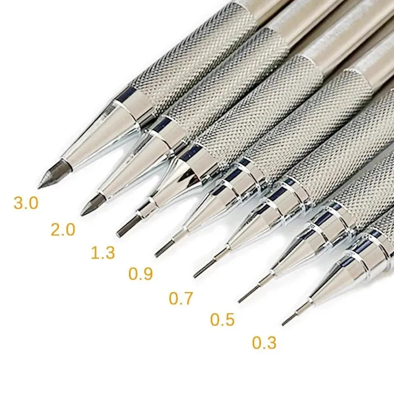 A metal automatic mechanical pencil with multiple lead size options including 0.5mm, 0.7mm, 0.9mm, 1.3mm, and 2.0mm.