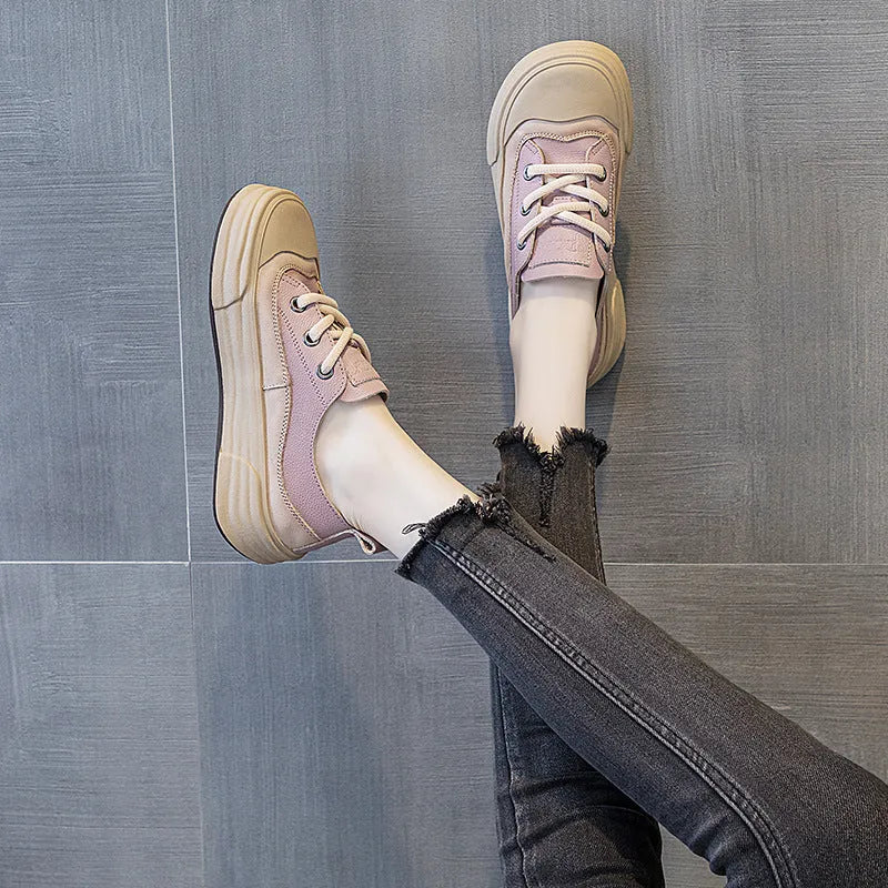 Women's solid colour leather platform sneakers in matcha, purple, or orange with front lace-up.