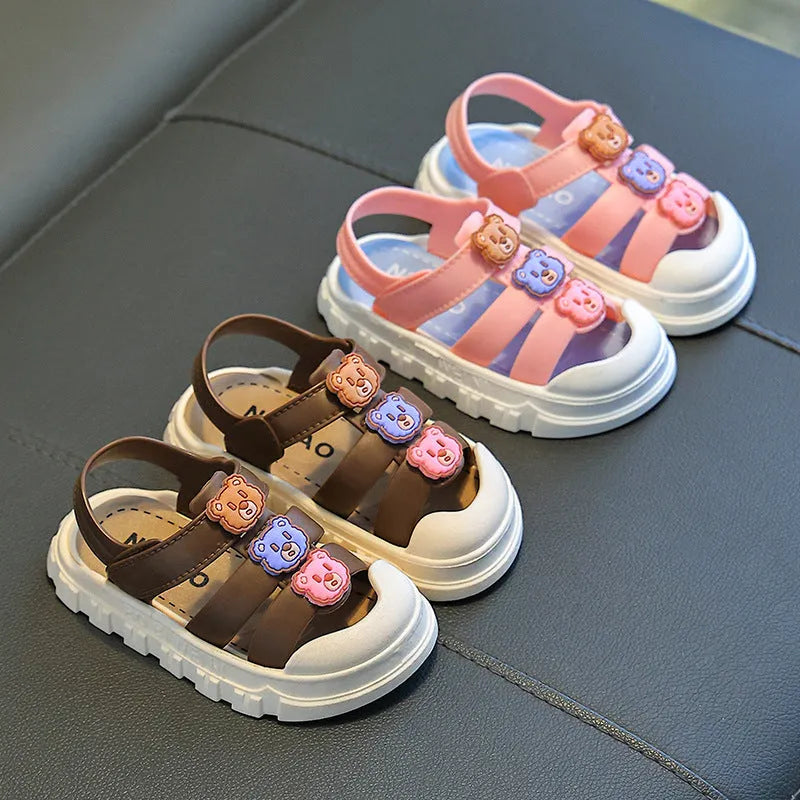 Boy baby shoes soft bottom non-slip PVC sole Velcro sandals cartoon design black