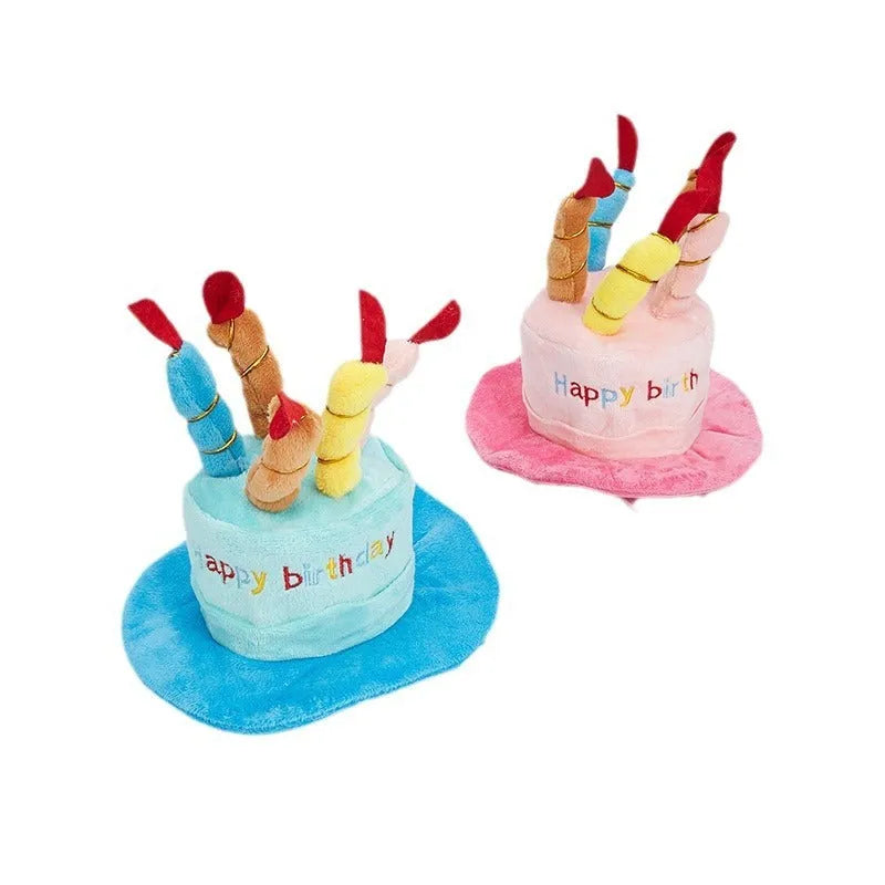 Blue dog birthday hat with party balloons and candles for small to medium dogs