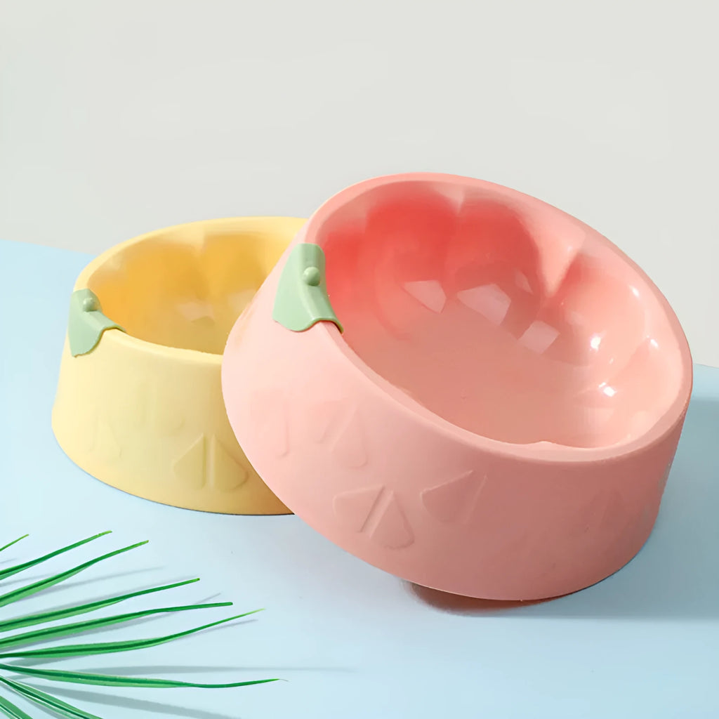 Green plastic double pet bowl with flower shape and separate food and water compartments.