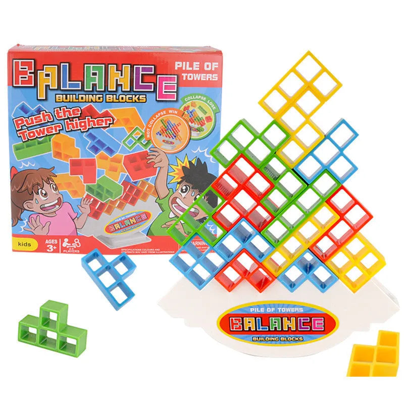 Plastic balance stacking game with coloured blocks on chassis for family play