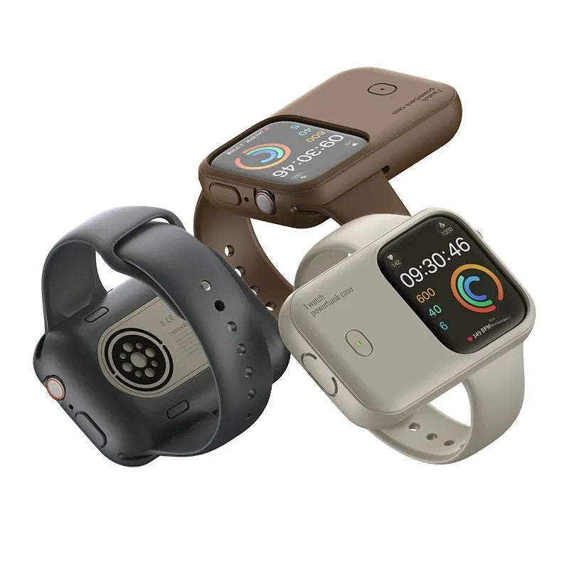 Apple Watch portable charging case with silicone cover in brown, midnight blue or starlight colours