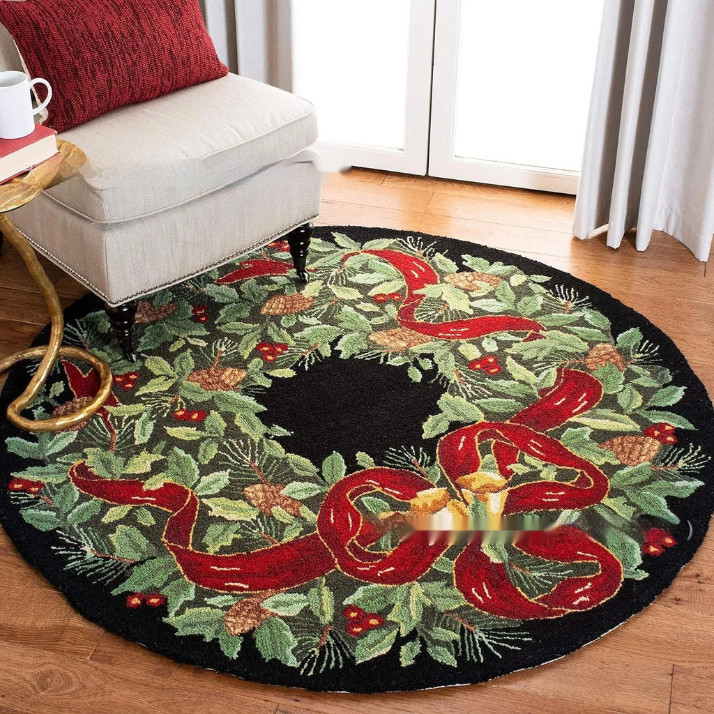 Round Christmas carpet with festive printed design on floor, showing 60cm and 80cm size options.