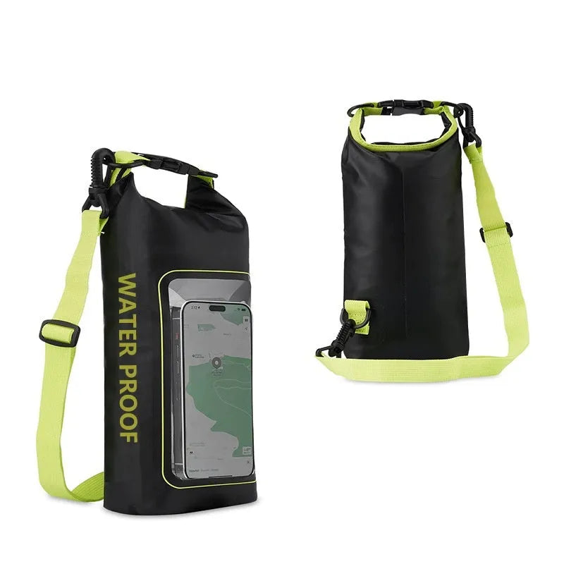 Army Green 2L waterproof PVC mesh crossbody bag for phones, shown with adjustable strap.