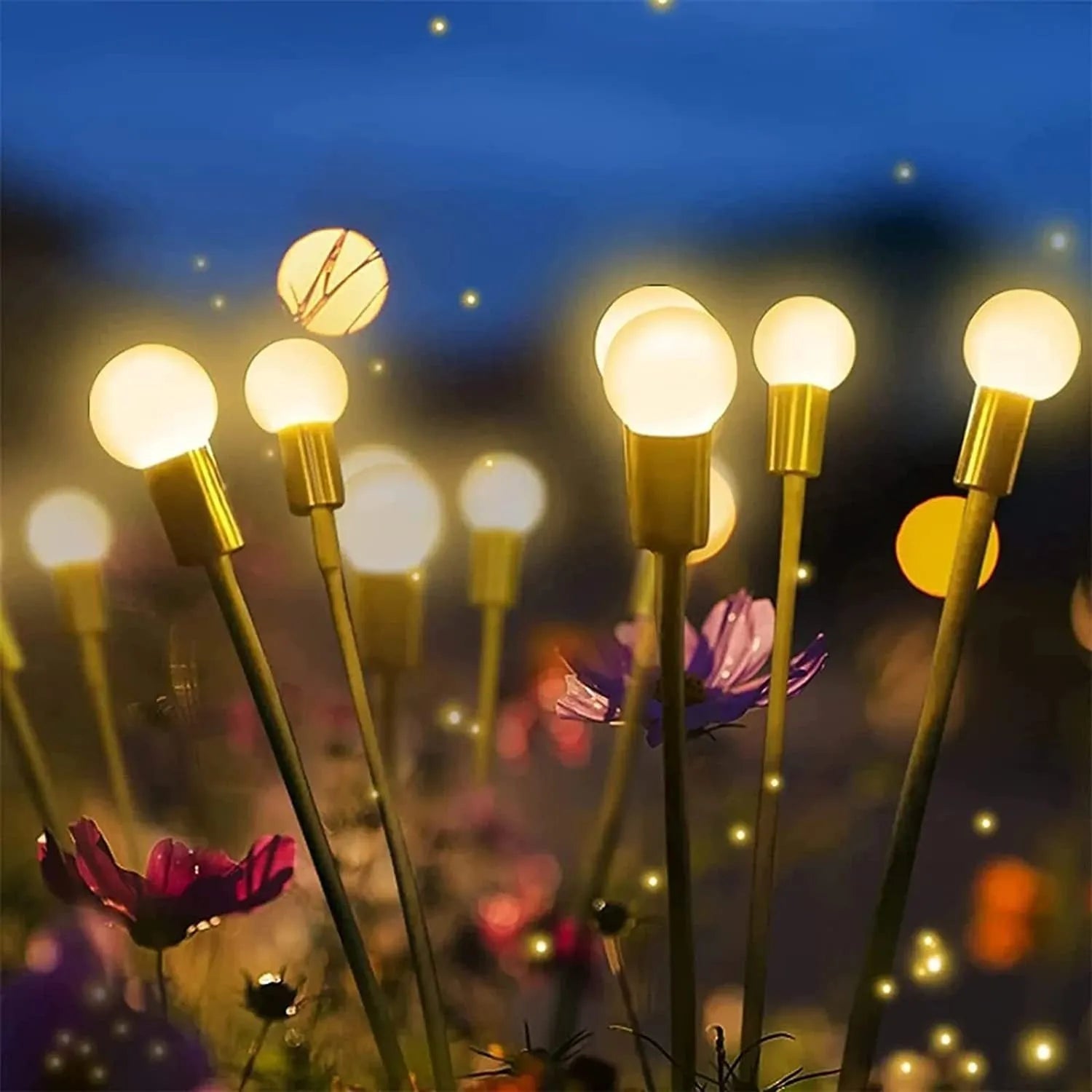 Solar-powered garden ground light with multiple LED heads and automatic dusk-to-dawn operation