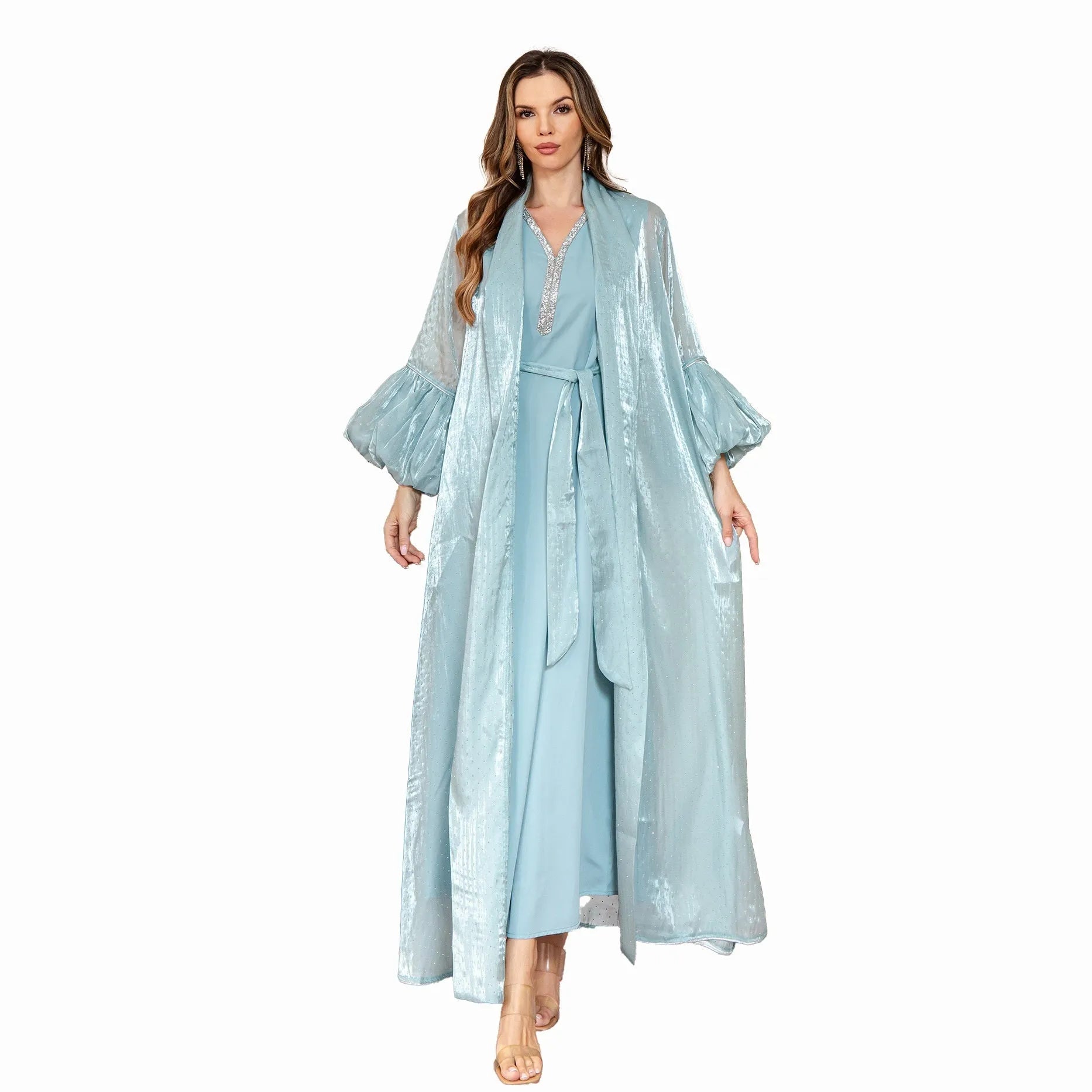 Dubai two-piece Arabic dress set with rhinestone straps in polyester fabric