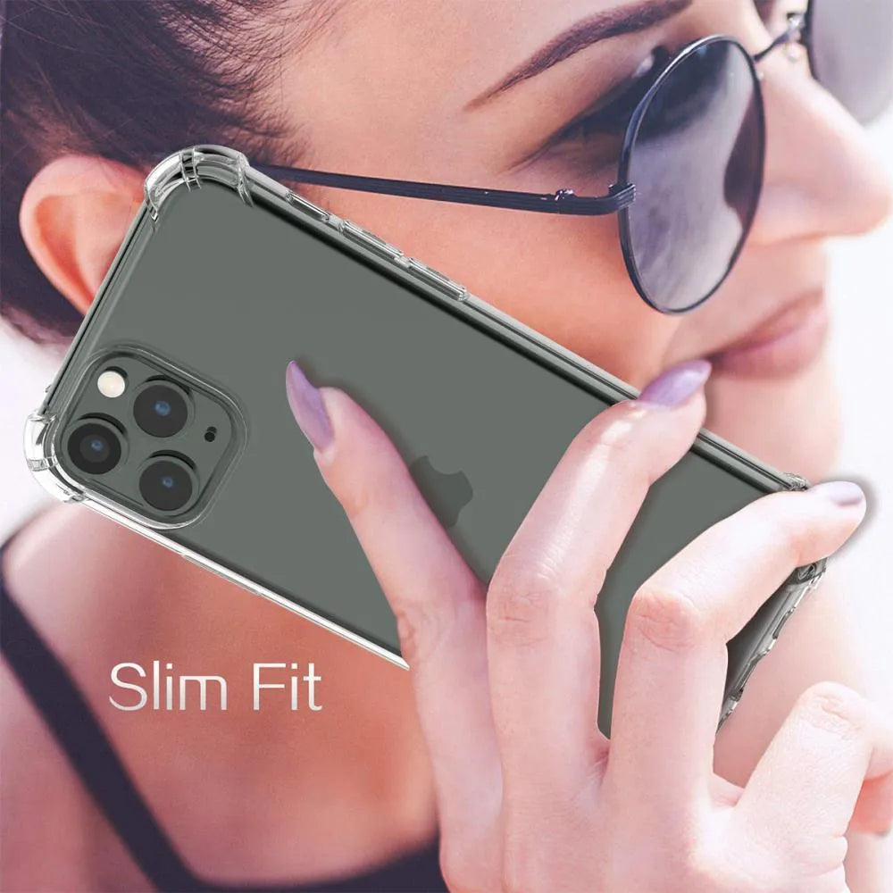 Transparent shockproof TPU case for multiple iPhone models on a smartphone