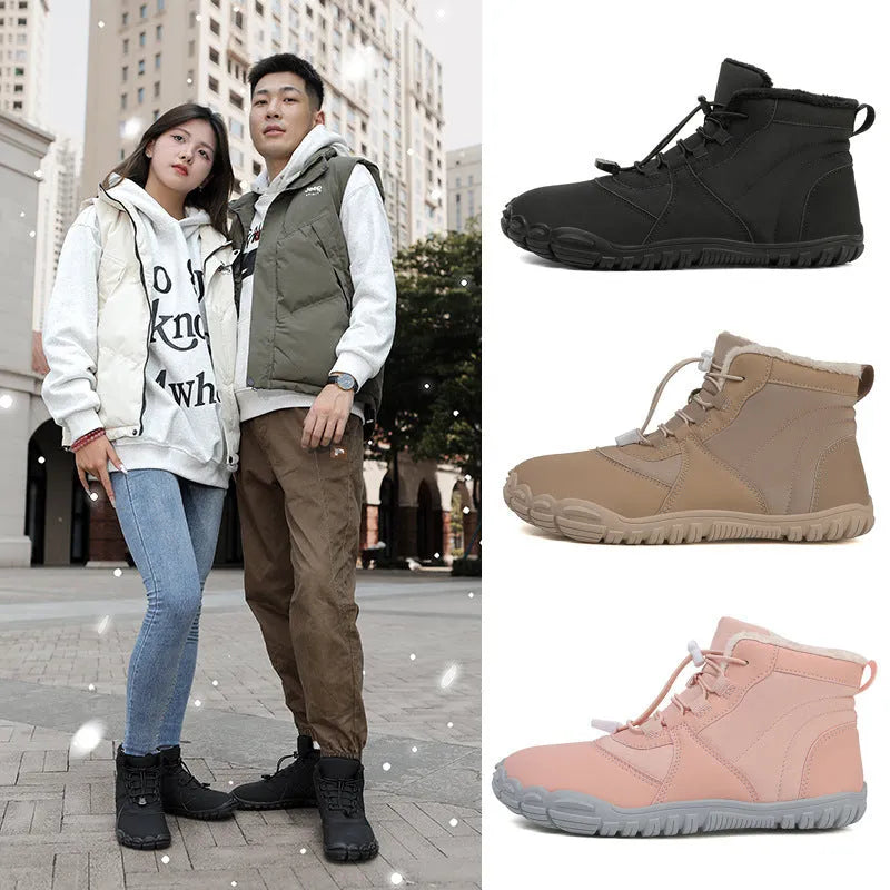 Pair of front lace-up snow boots with round toe, showing black umbrella cloth upper and rubber sole.
