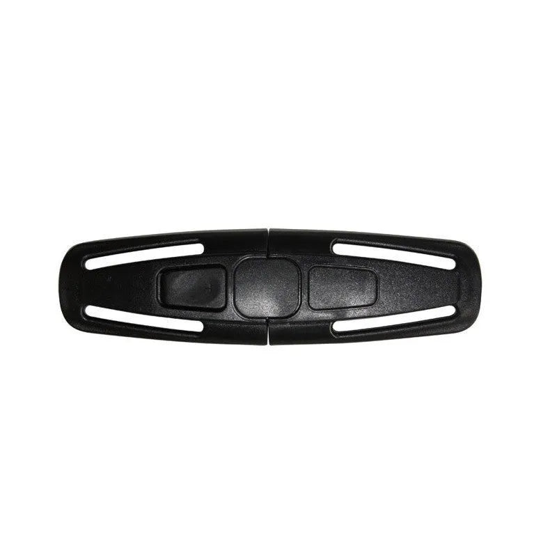 Black nylon PA66 seat belt clip for child safety seats measuring 14.5 x 4 cm