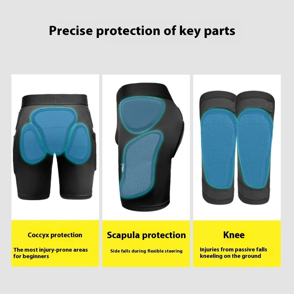 X-ray diffraction skiing protective gear showing hip pad and knee pad set for inner wear cushioning.