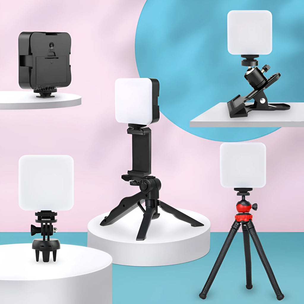 Square pocket-sized camera flash tripod light with rotatable head showing compact dimensions
