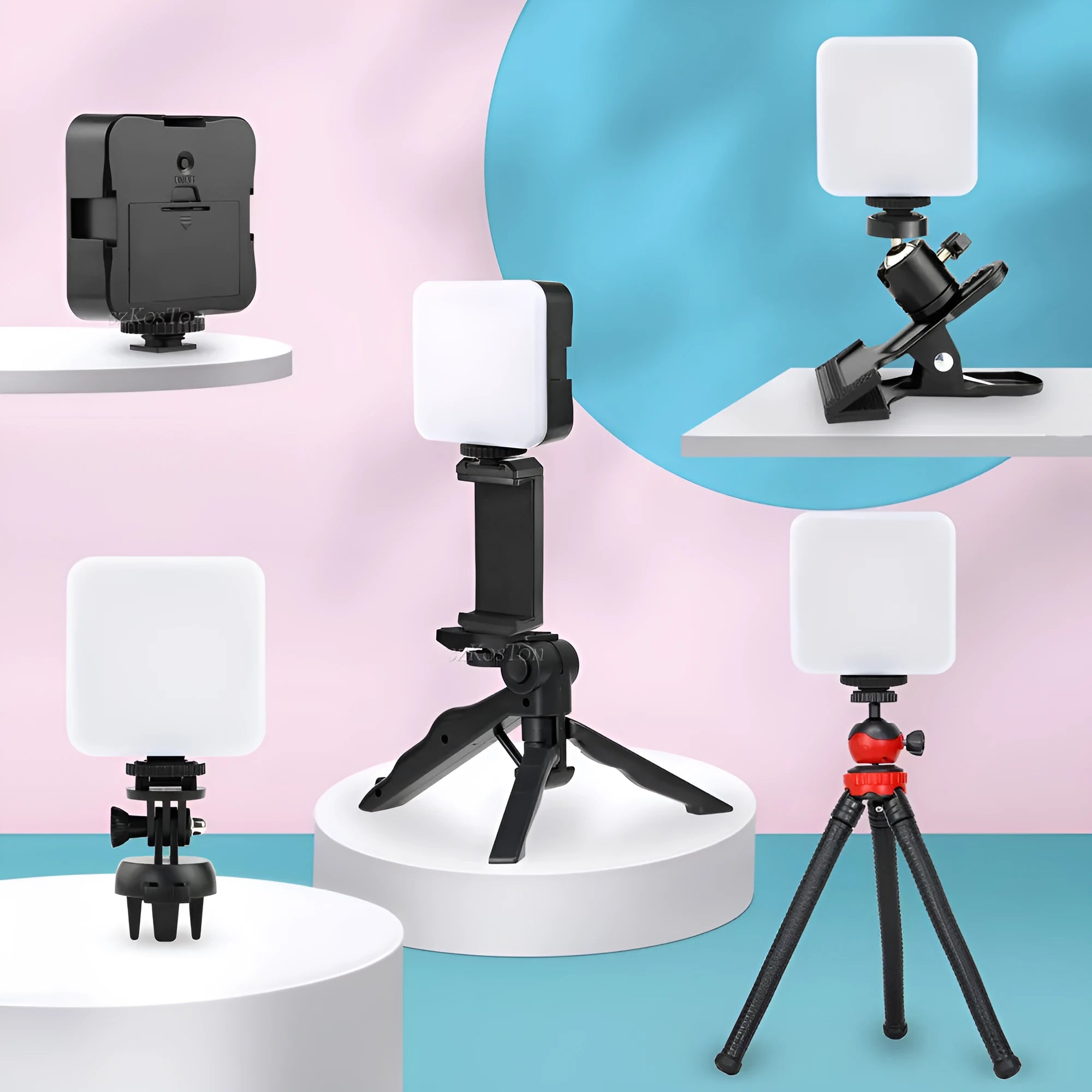 Square pocket-sized camera flash tripod light with rotatable head showing compact dimensions
