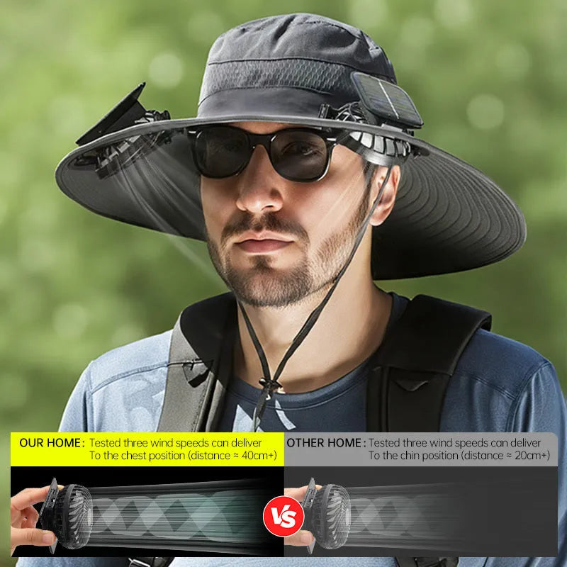 Man wearing a beige solar-powered fan hat with a neck flap outdoors.