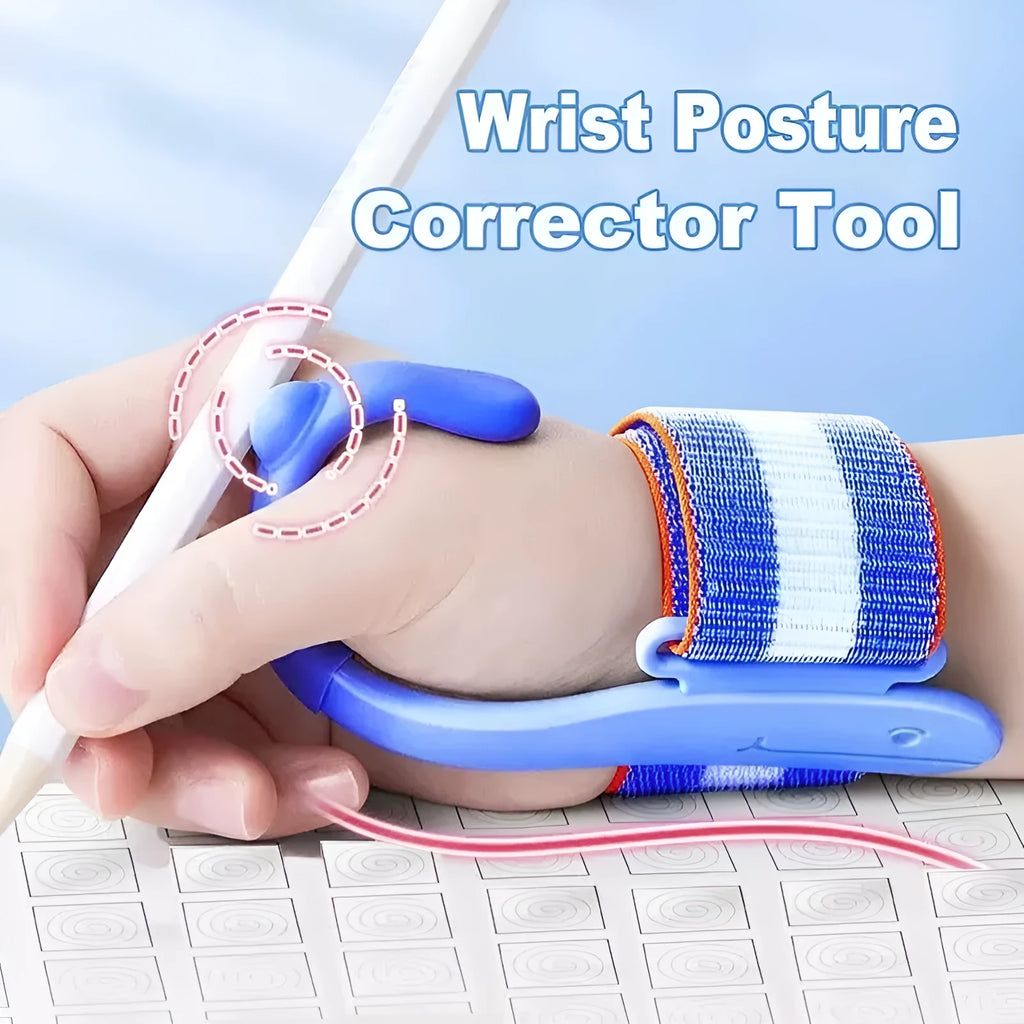 Blue anti-hook wrist brace pen corrector for children's handwriting posture on a desk.