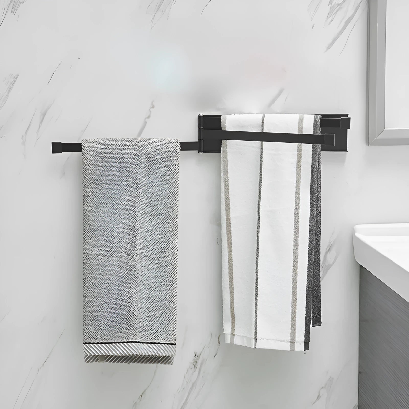Carbon steel folding towel bar in black or white with no-punch installation for bathroom