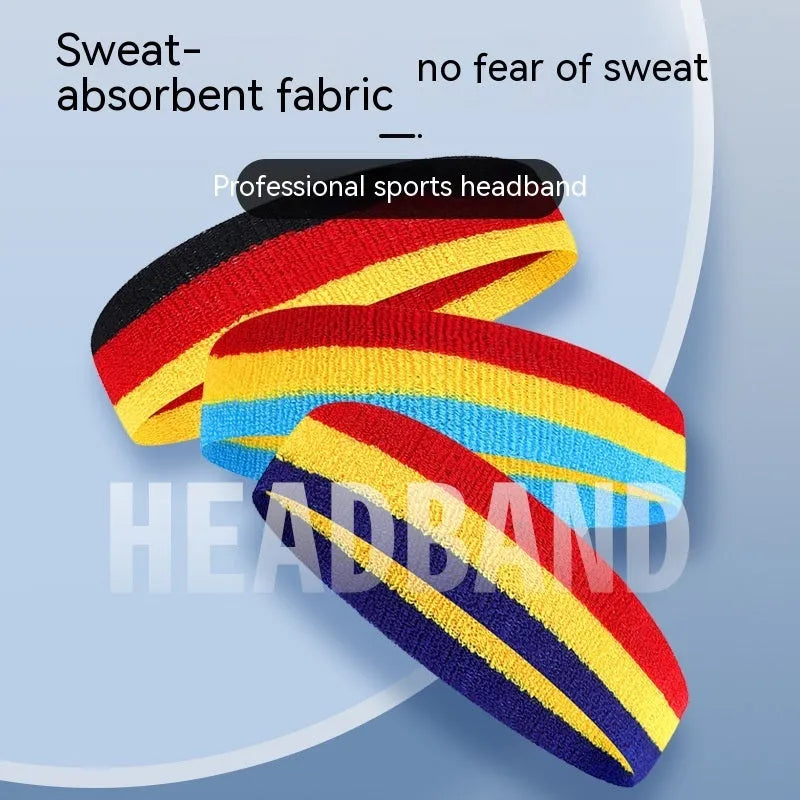 Colourful elastic sports headband for running and basketball, shown in red yellow and blue colour option.
