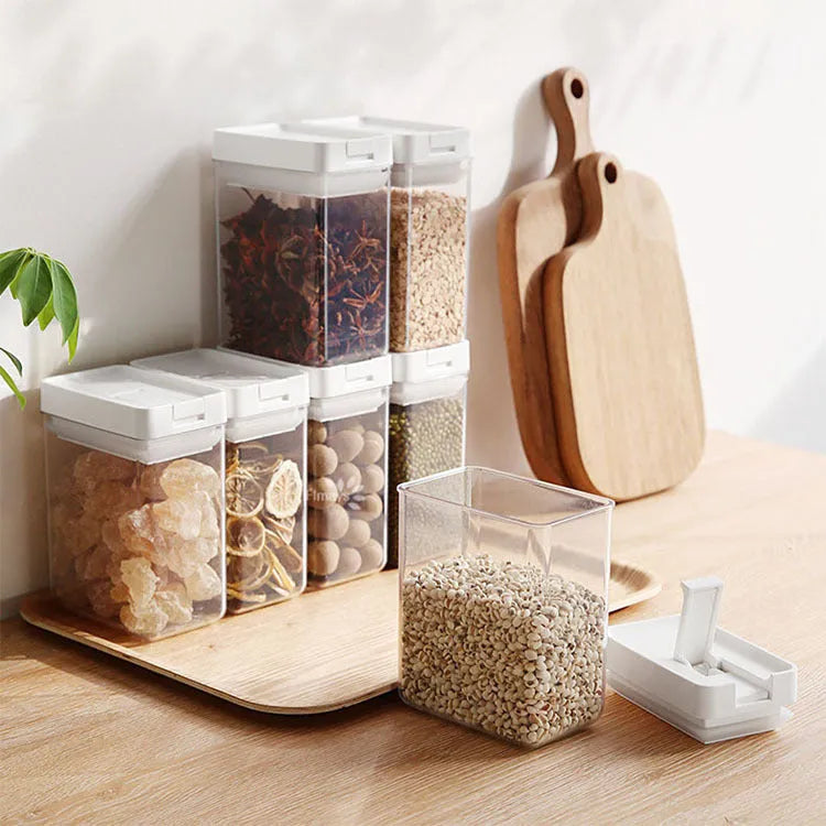 White transparent plastic grain storage box with Japanese design, 400ml capacity.
