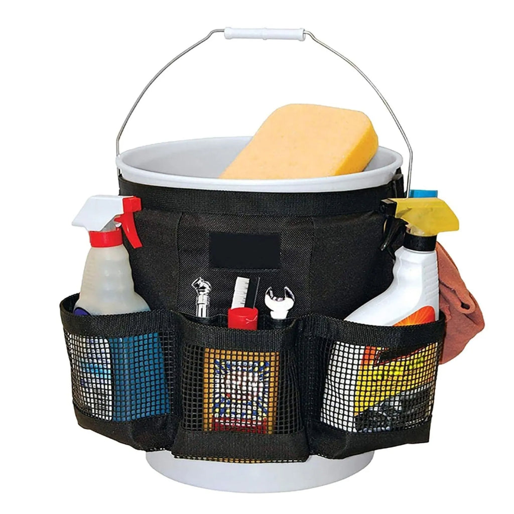 Black cylindrical waterproof polyester storage bag hanging with car washing tools and fishing equipment
