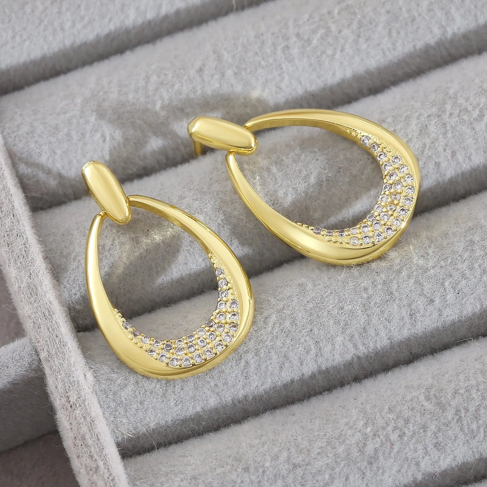 Yellow gold geometric drop earrings with zircon detailing, 2.6cm copper earrings with colour retention electroplating