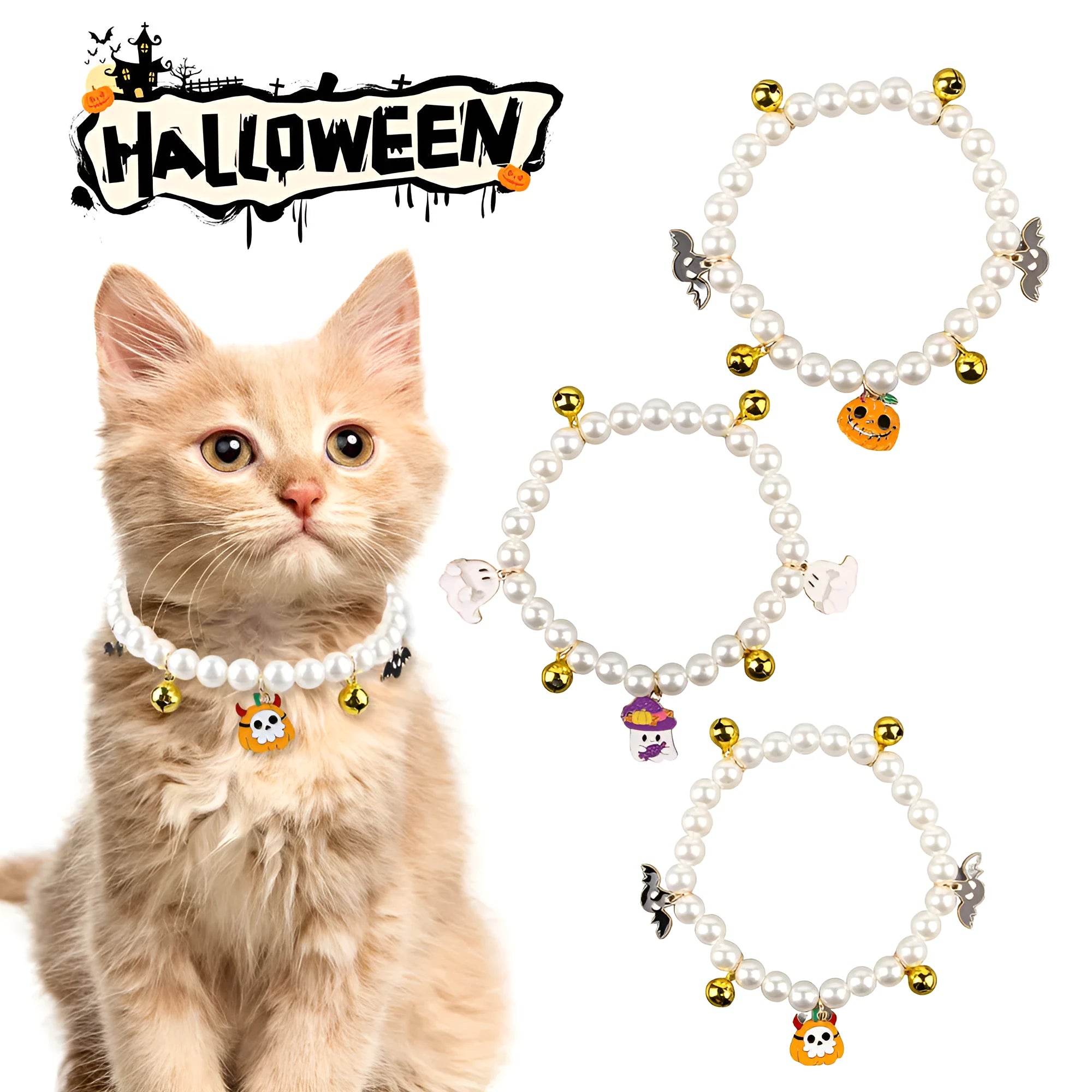 Halloween cat collar with simulated pearls and pumpkin designs including purple ghost, skull, and smiling pumpkin patterns