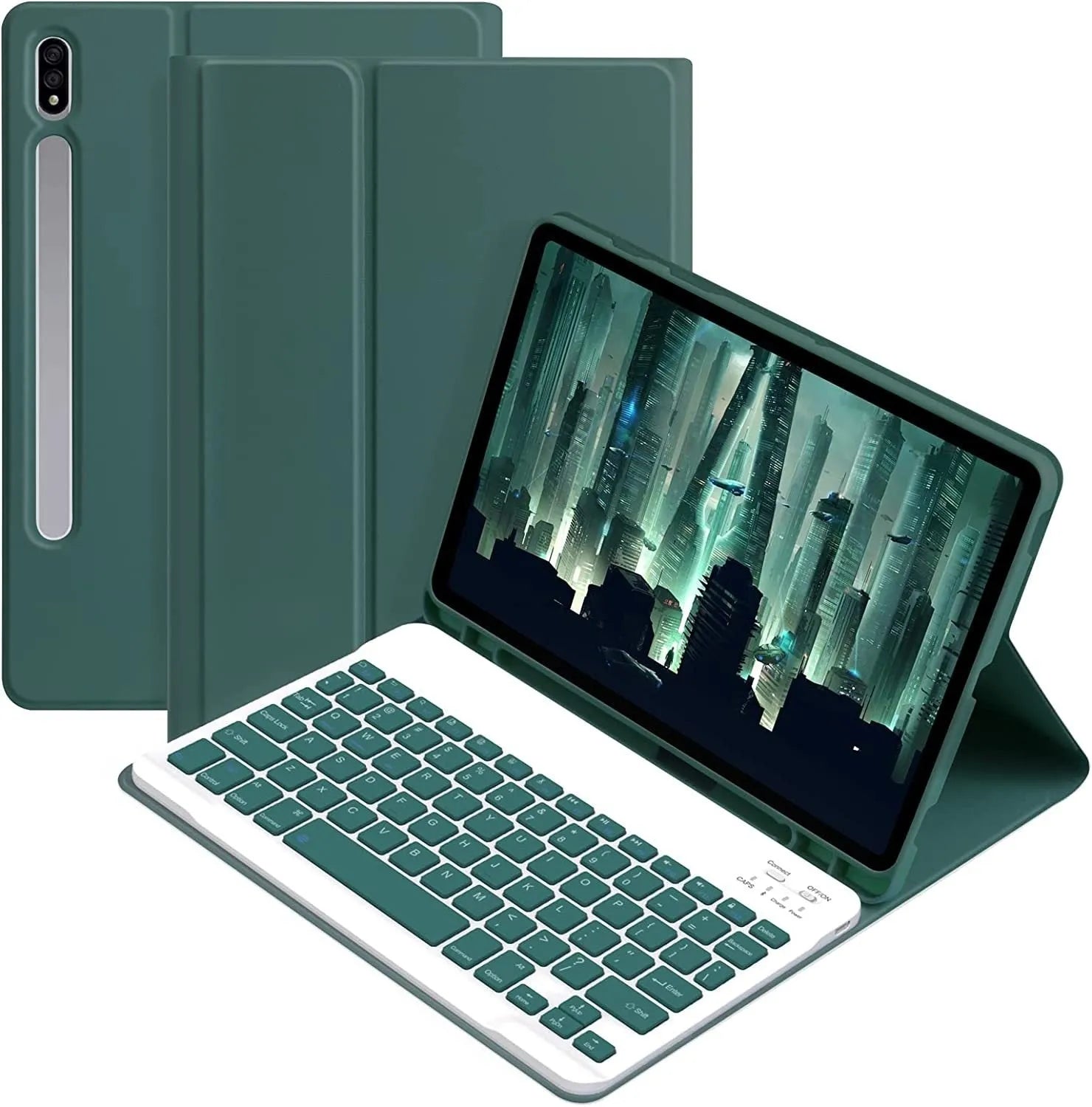 Samsung tablet in a TPU case with a matching wireless keyboard and charging mouse in Business Black.