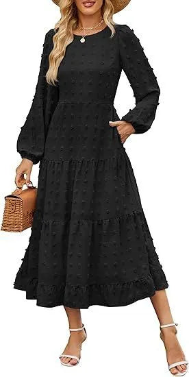 Women's beige long sleeve casual dress with ruffled sleeves and a high waist.