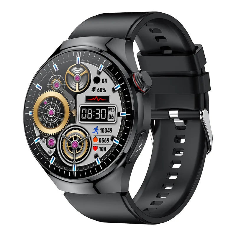 Bluetooth calling smart watch with AMOLED screen and black steel strap showing health monitoring features