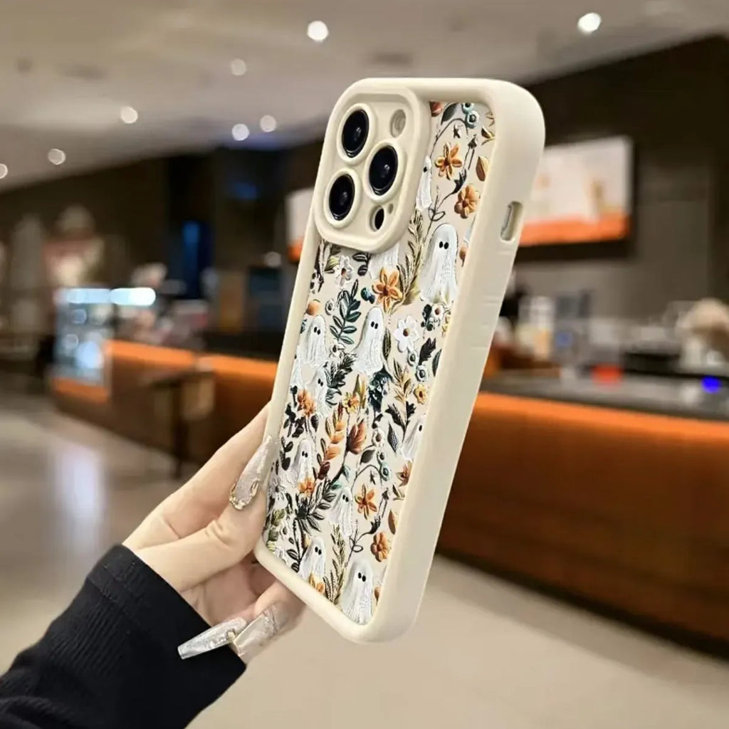 Ghost Flower frosted TPU phone case for Apple iPhone showing bracket stand and four colour options