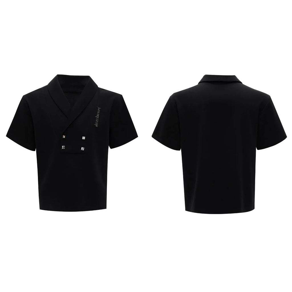 Men's dark grey V-neck sports jacket with padded shoulders and metal details paired with matching shorts