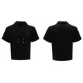 Men's dark grey V-neck sports jacket with padded shoulders and metal details paired with matching shorts