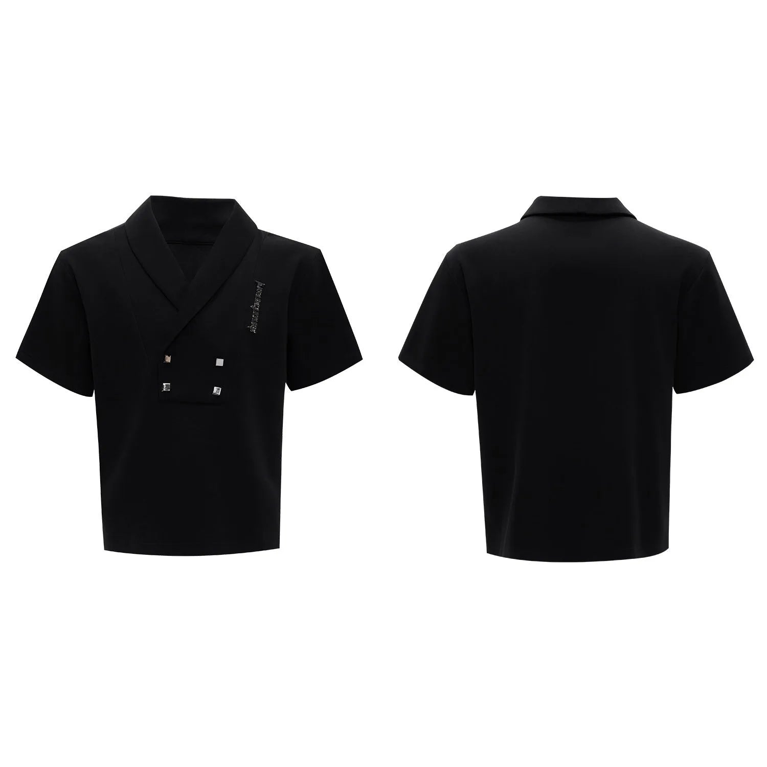Men's dark grey V-neck sports jacket with padded shoulders and metal details paired with matching shorts