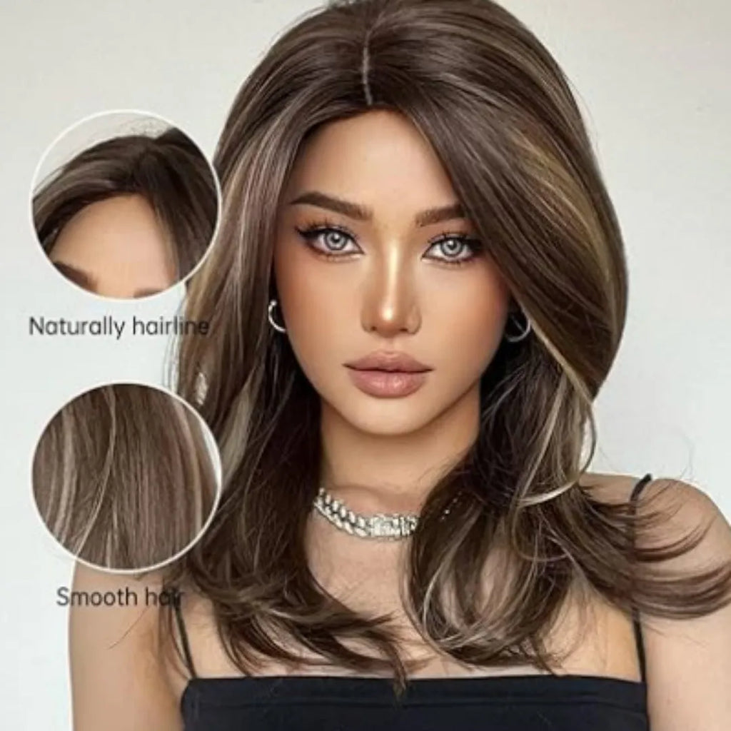 Mid-length platinum gradient colour synthetic wig with long curly hair and bangs